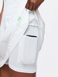 Close-up of the Energy Dress showing its built-in shorts and pocket for convenience.