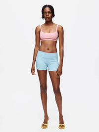 Model wearing Gemini 3" Short in soft Bubble Wrap fabric featuring OV logo on back waistband.