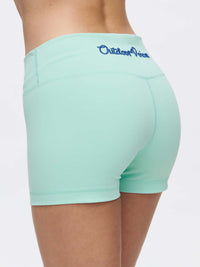 Gemini 3" Short in mint with Outdoor Voices logo on back waistband, showcasing the soft Bubble Wrap fabric.
