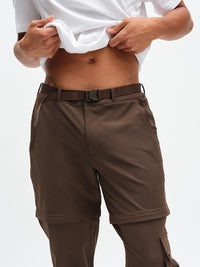 Men's RecTrek Zip-Off Pant in Soil – front close-up of belted waist