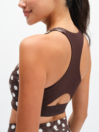 Doing Things Bra in Dark Bay Polka Dot – back close-up of ribbed racerback and cutout