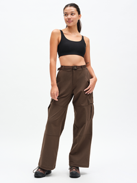 Double Time Bra in Black – front full-length view styled with RecTrek Cargo Pant