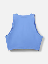 Back view of a light blue SuperForm Crop Top featuring a high-coverage neckline and built-in shelf bra.