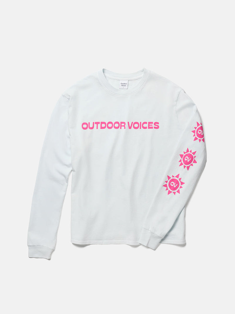 a white t-shirt with a pink logo