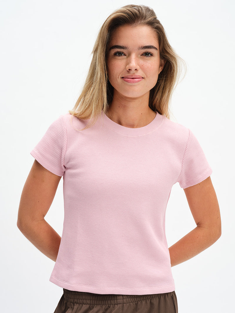 Waffle Baby Tee in Dusty Pink – front close-up