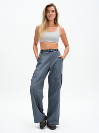 RecTrek Cargo Pant in Dark Storm – front full-length view styled with crop top