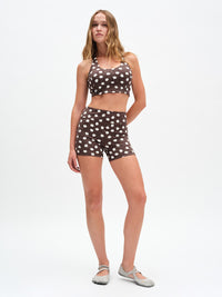 TechSweat 3.5" Short in Dark Bay Polka Dot – front full-length view styled with matching bra