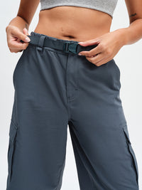 RecTrek Cargo Short in Dark Storm – front close-up of adjustable belt