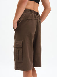 RecTrek Cargo Short in Soil – back three-quarter close-up of elastic waistband