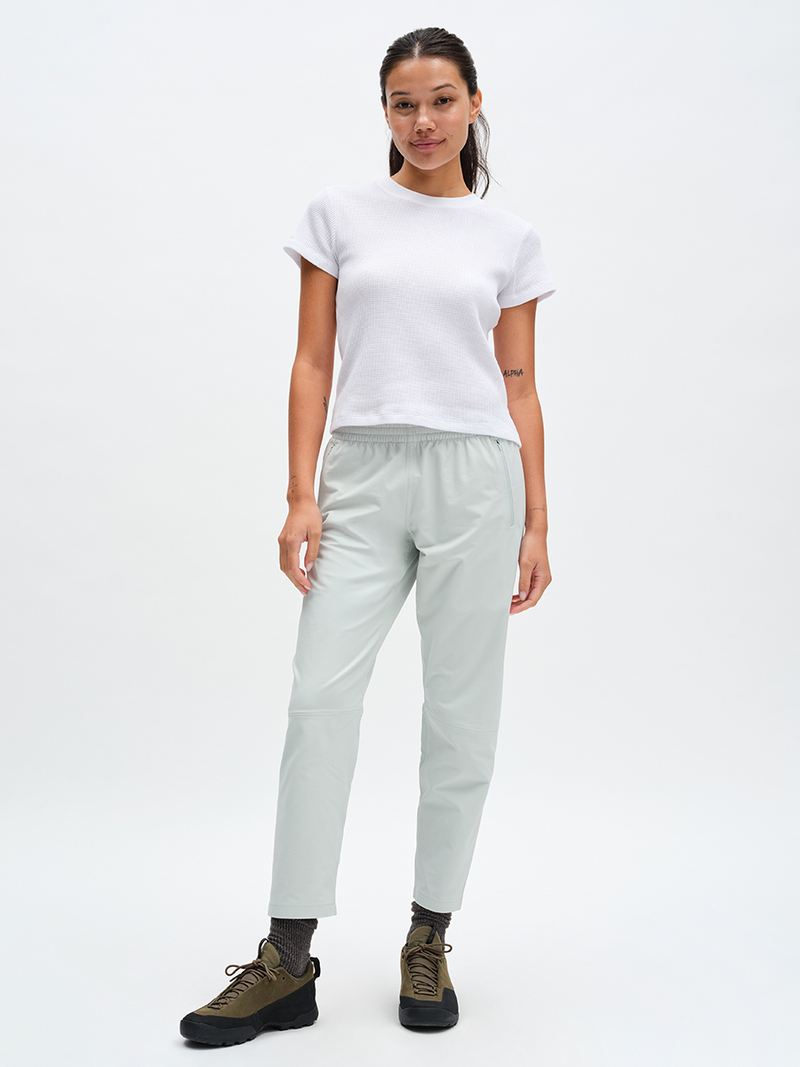 RecTrek 26" Pant in Mint Dust – front full-length view styled with Waffle Baby Tee