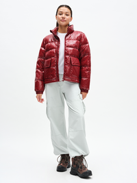 Gloss Puffer in Berry Baby – front full-length view unzipped over tee
