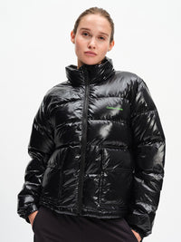 Gloss Puffer in Black – front view zipped