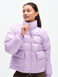 Gloss Puffer in Lilac Swirl – front view zipped