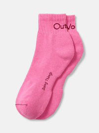Flat lay of OV Rec Ankle Sock in Pink, featuring a reinforced toe and heel with soft cushioned bottom.