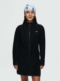 Model wearing Boulder Dress in Black with adjustable waist toggles for a custom fit, ready for everyday activities.