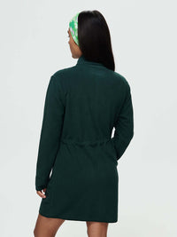 Back view of Boulder Dress in Deep Green, featuring adjustable waist toggles for a custom fit.