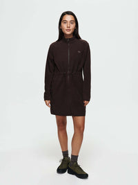 Model standing in Boulder Dress in Dark Brown with adjustable waist toggles and a full zip design.
