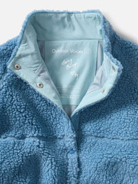 Interior view of Candy Fleece Snap Jacket in Blue, featuring breathable mesh lining and 'Doing Things' branding.
