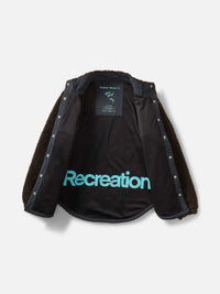 Interior view of Candy Fleece Snap Jacket featuring contrast Recreation branding and a cozy wool-blend fleece lining.