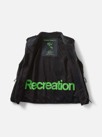 Interior view of Candy Fleece Vest showing bright green Recreation branding and breathable mesh lining.