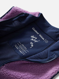 Inside view of Candy Fleece Vest in Purple, featuring breathable mesh lining and Recreation branding.