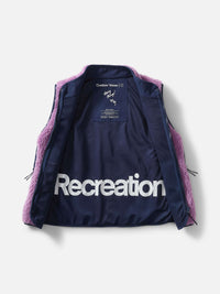 Interior view of Candy Fleece Vest in Berry, featuring breathable mesh lining and bold Recreation branding.