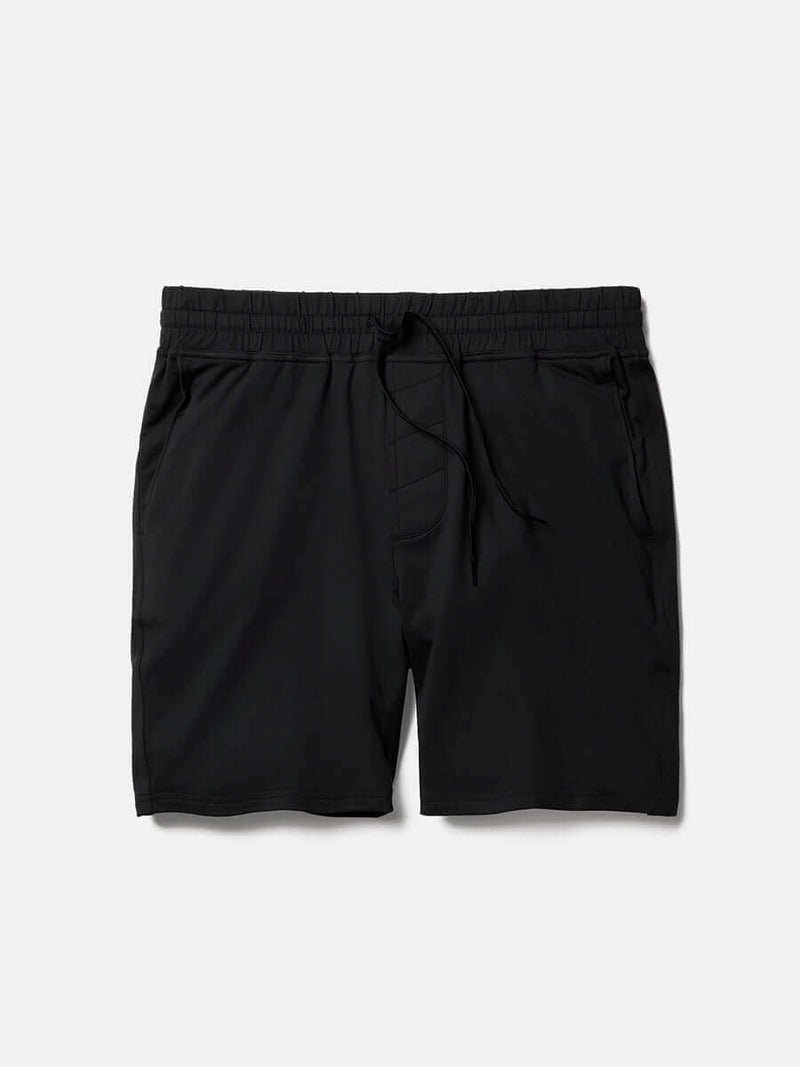 Flat lay of CloudKnit 7" Short in Black, featuring a comfort fit adjustable waistband and side pockets.