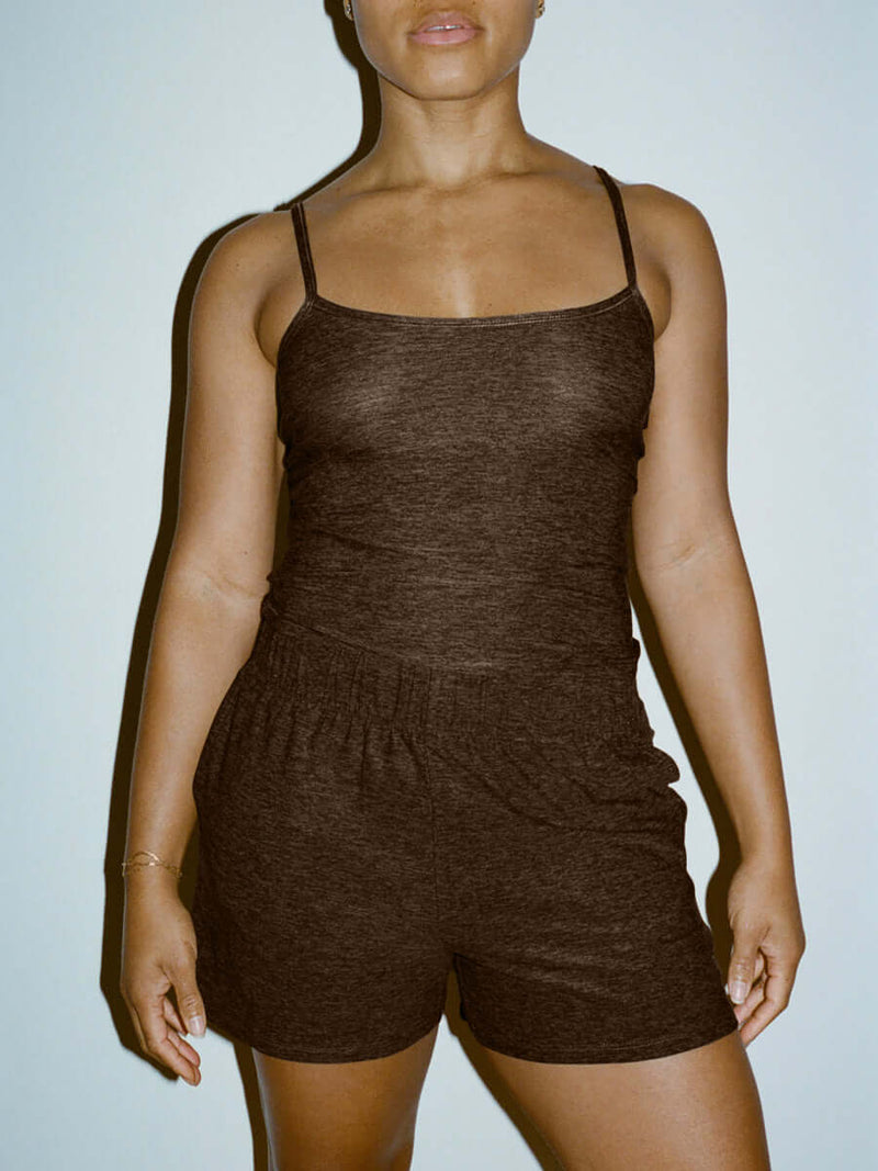 Model wearing CloudKnit 3.5" Short in Dark Brown, featuring an elastic waistband and lightweight fabric for lounging.
