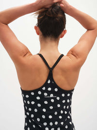 Back view of Club Dress in Black with white polka dots, showing adjustable straps and picot trim.