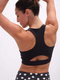 Back view of Doing Things Bra in Black with mesh backing and a stylish cutout design.
