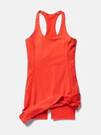 Flat lay of Doing Things Dress in Bright Orange, featuring breathable fabric and built-in shorts liner.