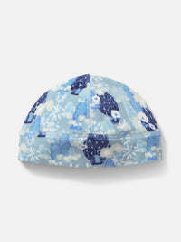 Flat lay of Frosted Beanie featuring cozy fleece and whimsical bear print in soft blue.
