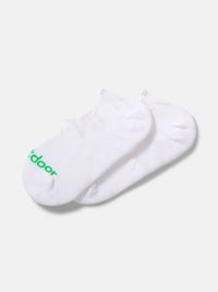 Flat lay of OV No Show Sock in White, featuring a soft fabric and minimal design for everyday wear.