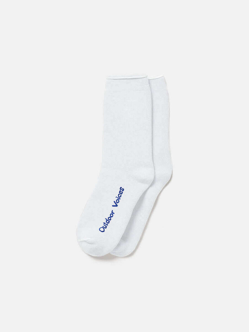 Flat lay of OV Comfort Sock in White, featuring full-cushion design for comfort and performance apparel.