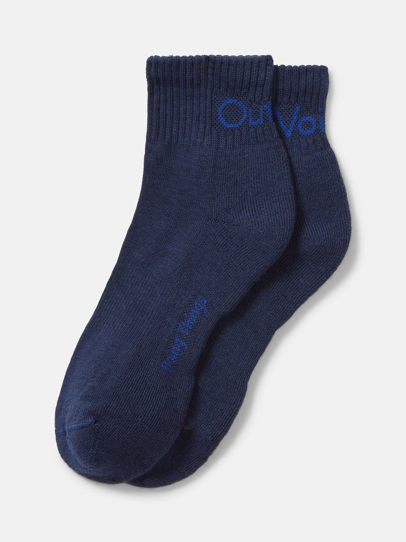 Flat lay of OV Rec Ankle Sock in Navy, featuring a reinforced toe and heel.