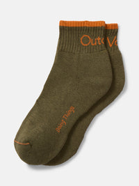 Flat lay of OV Rec Ankle Tipped Sock in Olive Green, featuring a ribbed ankle and reinforced toe.