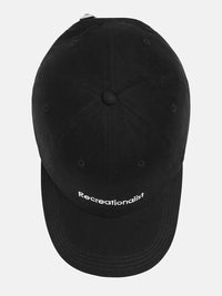 Top view of Recreationalist Hat in Black, featuring embroidered logo on classic cap design.