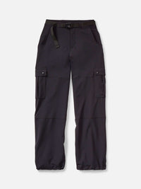 Flat lay of RecTrek Cargo Pant in Black, featuring adjustable belted waistband and utility pockets.