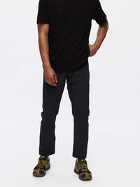 Model wearing RecTrek Pant in Black with relaxed fit and custom-fit drawstring, ready for active adventures.