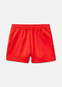 Flat lay of RecTrek 4" Short in Bright Red, featuring a lightweight, stretchy fabric for recreation.