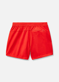 Back view of RecTrek 4" Short in Bright Red, featuring zippered pocket and elastic waistband for comfort.