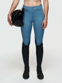 Ride Pant in blue color, featuring spandex inner leg insert and faux-suede patch for ultimate riding comfort.