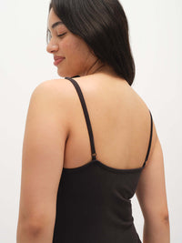 Back view of Strappy Bodysuit in Black, featuring adjustable spaghetti straps for a customizable fit.