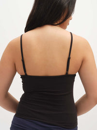 Back view of Strappy Tank in Black with adjustable spaghetti straps and a gentle hold.