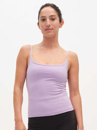 Model wearing Strappy Tank in Cotton Candy with adjustable spaghetti straps and a feminine neckline.