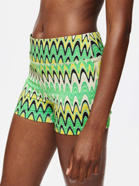 TechSweat 3" Short featuring a vibrant zigzag pattern in green and yellow, for active performance.
