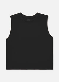 Flat lay of ThinkFast Mesh Cropped Muscle Tank in Black, showing the sleeveless design and breathable fabric.