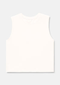 Flat lay of ThinkFast Mesh Cropped Muscle Tank in White, featuring a sleeveless design for active movement.