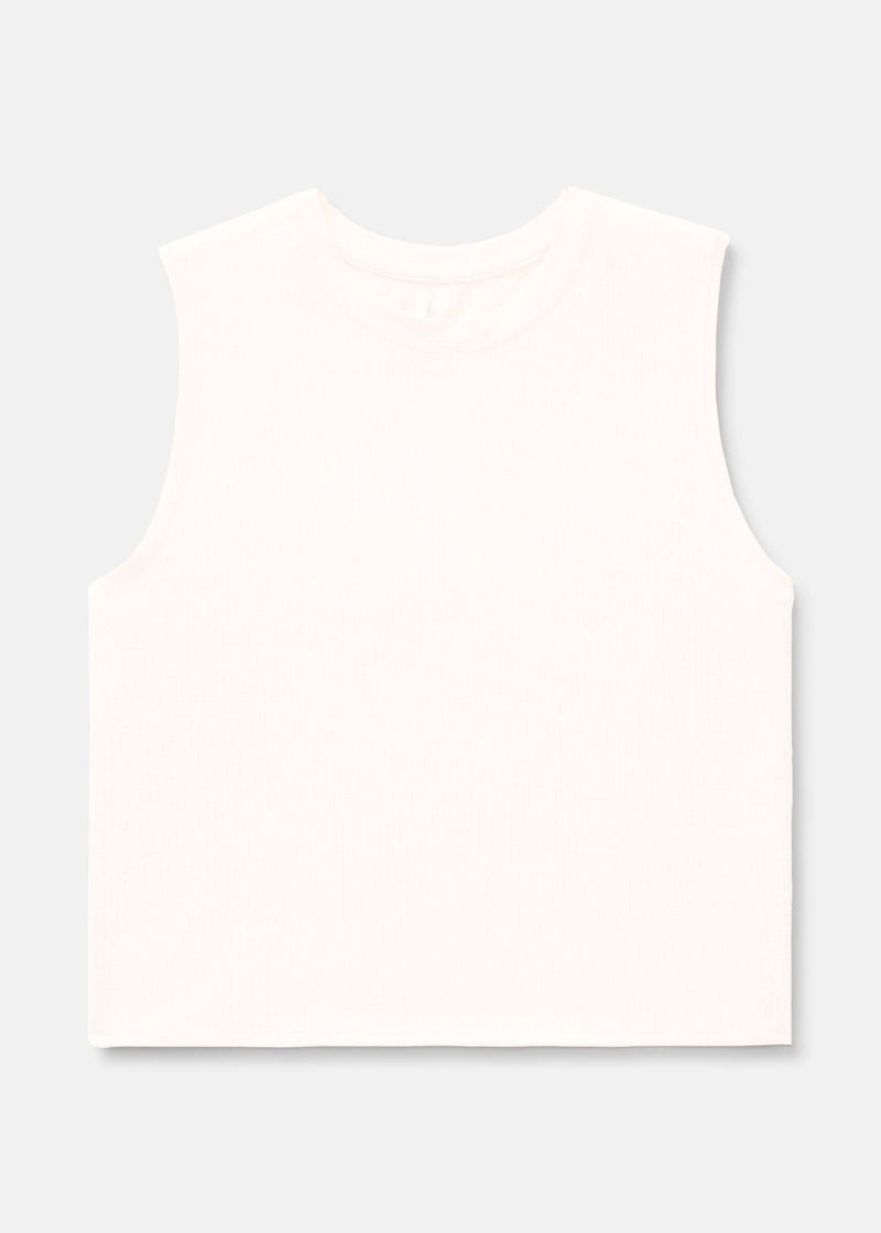 Flat lay of ThinkFast Mesh Cropped Muscle Tank in White, featuring a sleeveless design for active movement.
