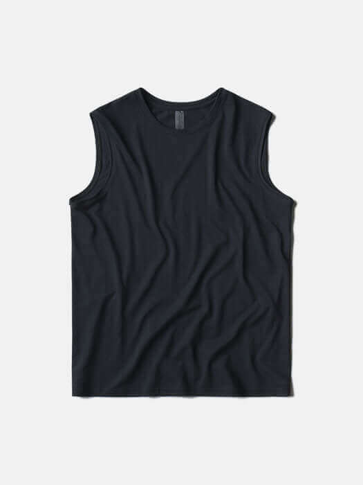Flat lay of ThinkFast Mesh Muscle Tank in Black, with lightweight fabric for ultimate comfort.